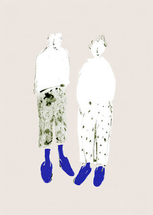 Minimalistická ilustrace páru s modrými botami