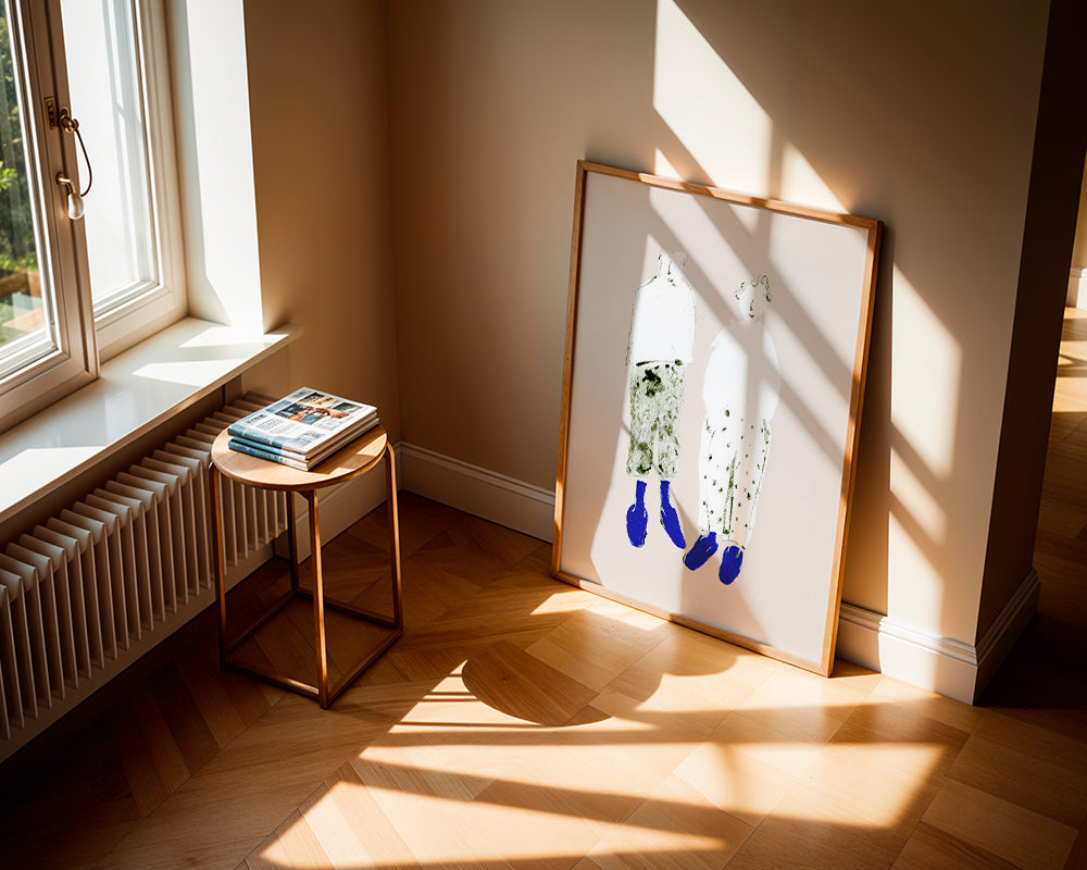 Minimalistická ilustrace páru s modrými botami