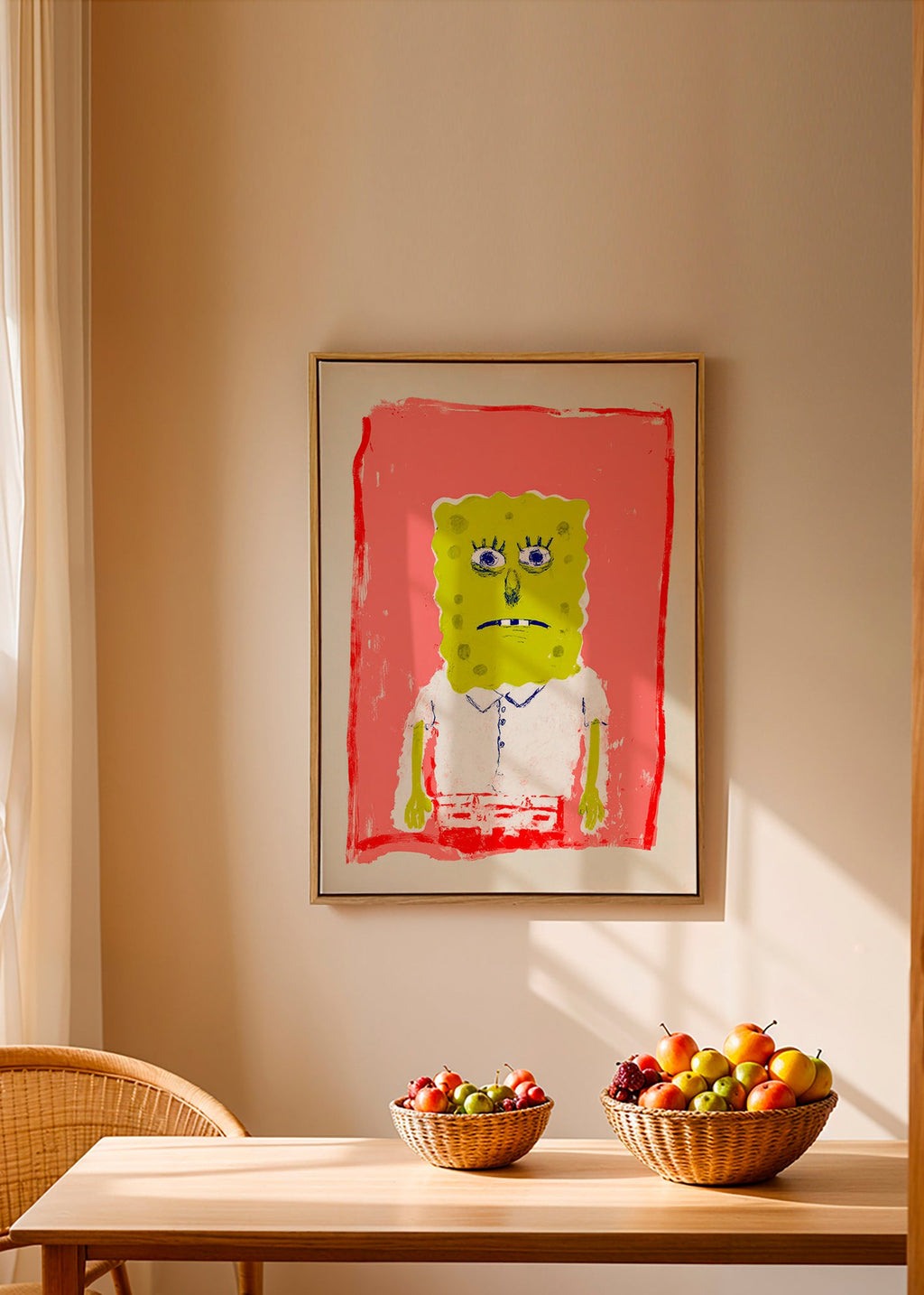 Ilustrace postavy houbky na růžovém pozadí
