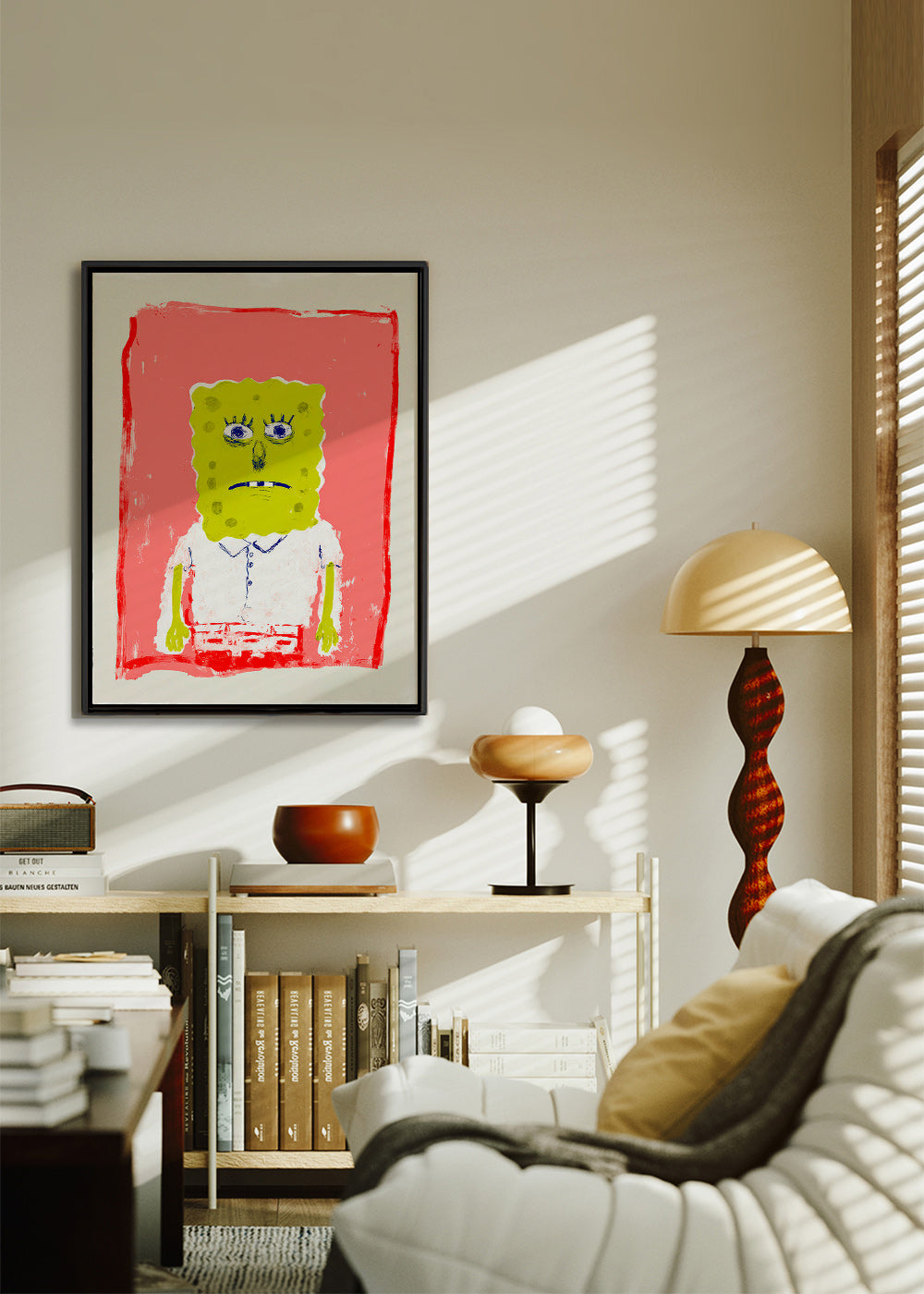 Ilustrace postavy houbky na růžovém pozadí