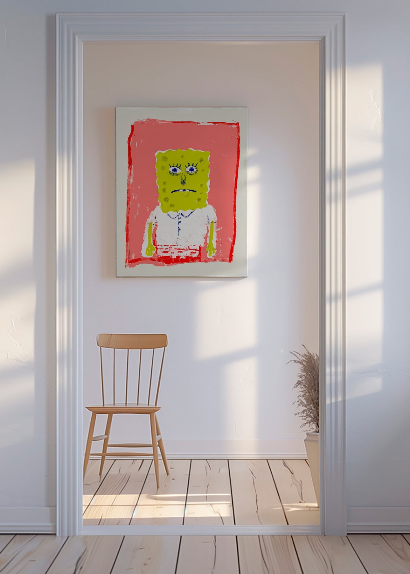 Ilustrace postavy houbky na růžovém pozadí