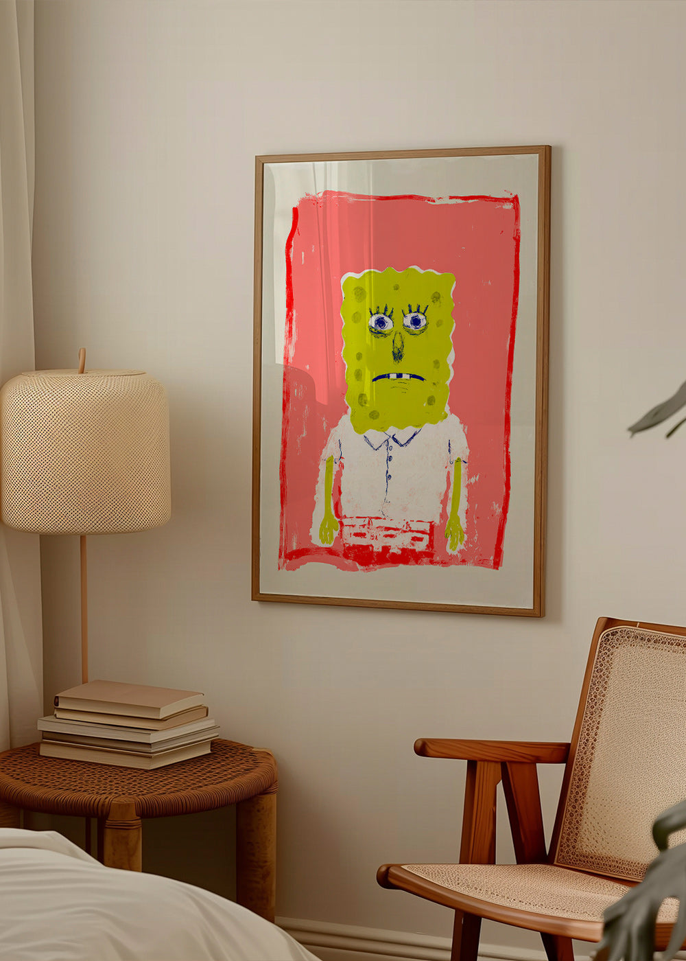 Ilustrace postavy houbky na růžovém pozadí