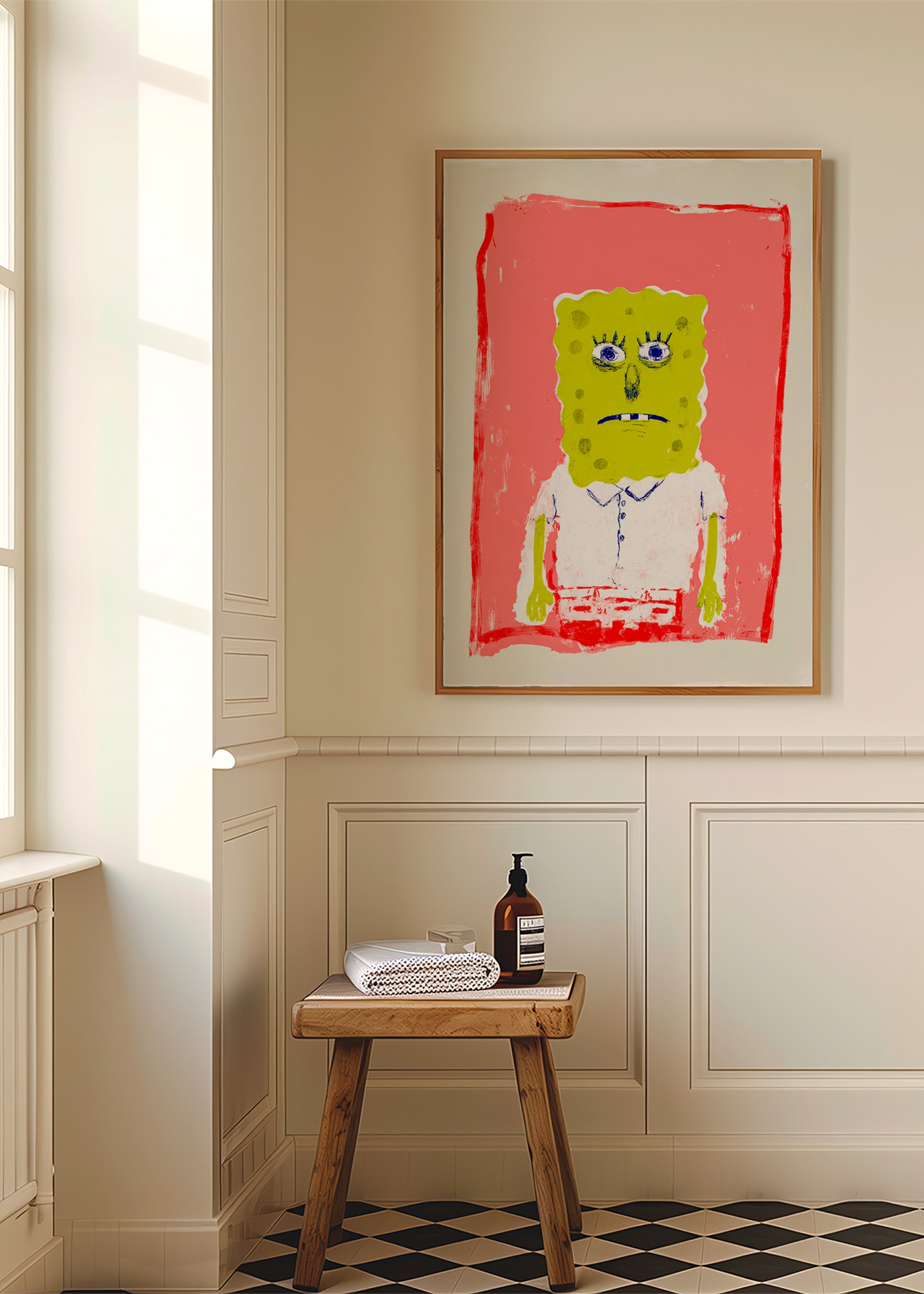 Ilustrace postavy houbky na růžovém pozadí