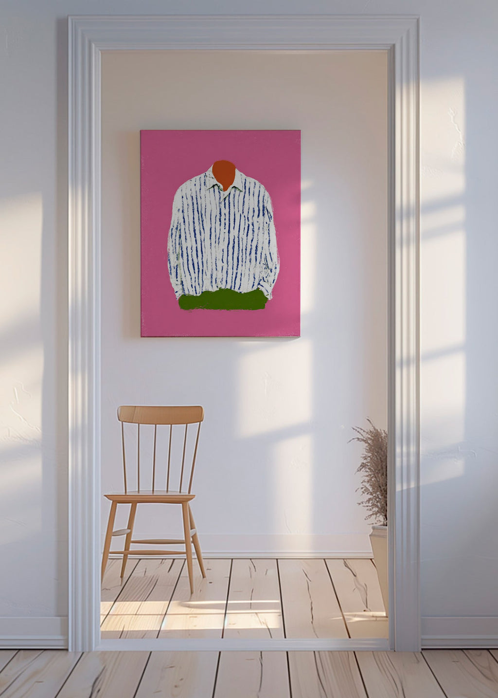Ilustrace pruhované košile na růžovém pozadí