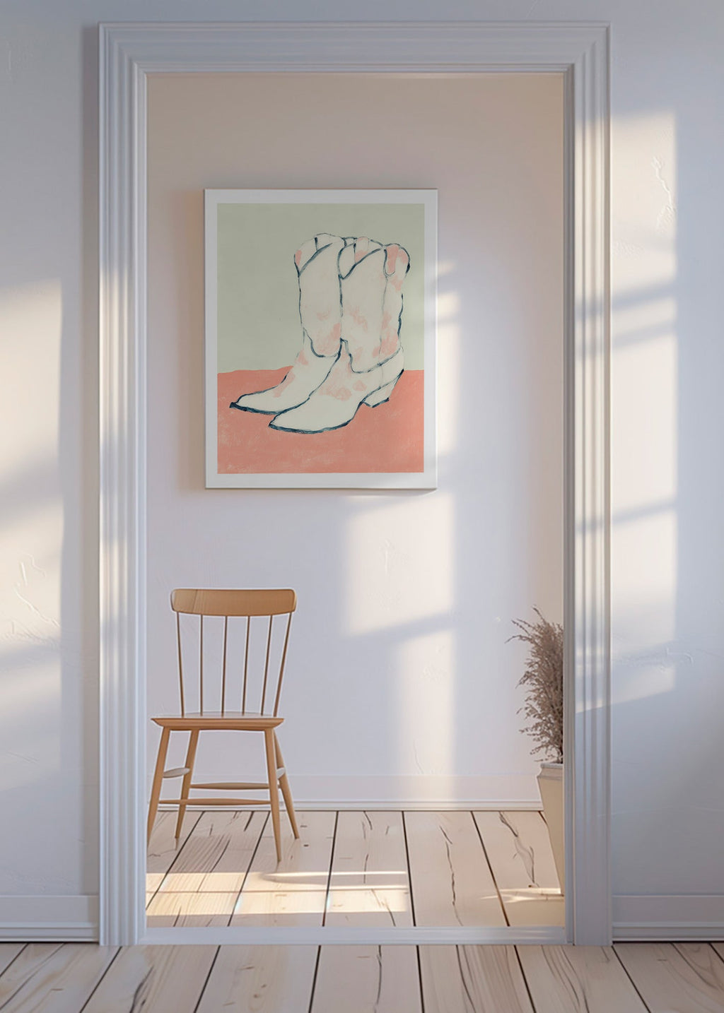 Ilustrace bílé boty na pastelovém pozadí