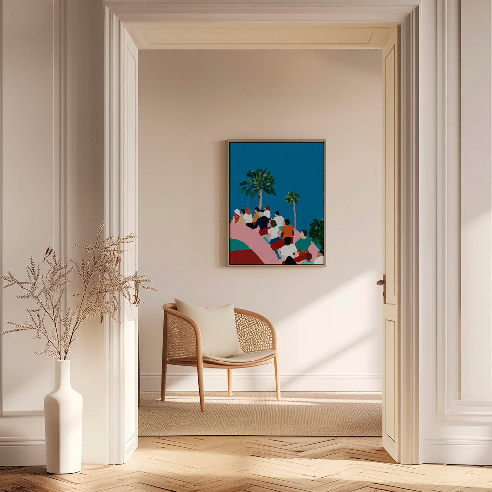 Ilustrace davu na atrakci s palmami