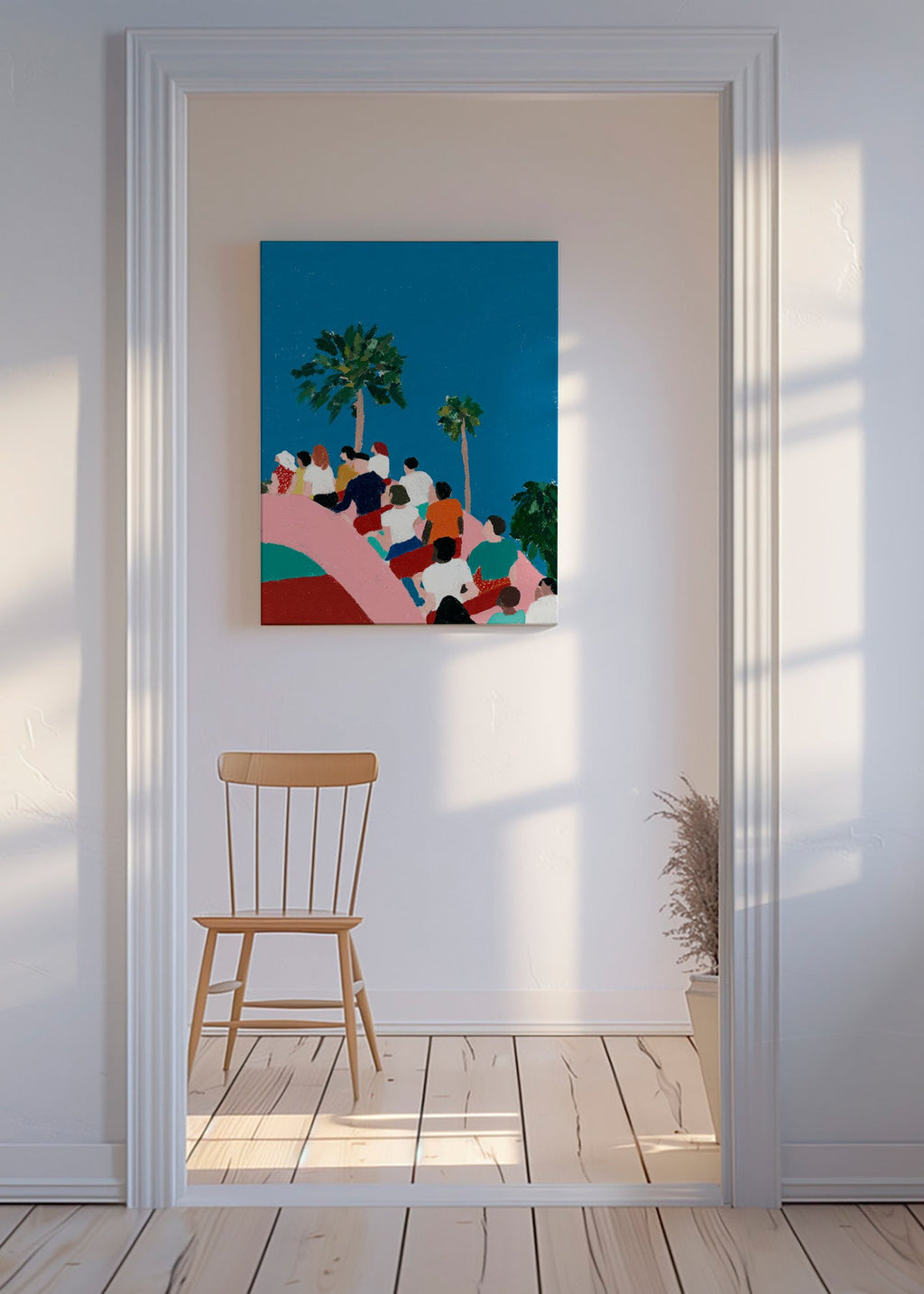 Ilustrace davu na atrakci s palmami