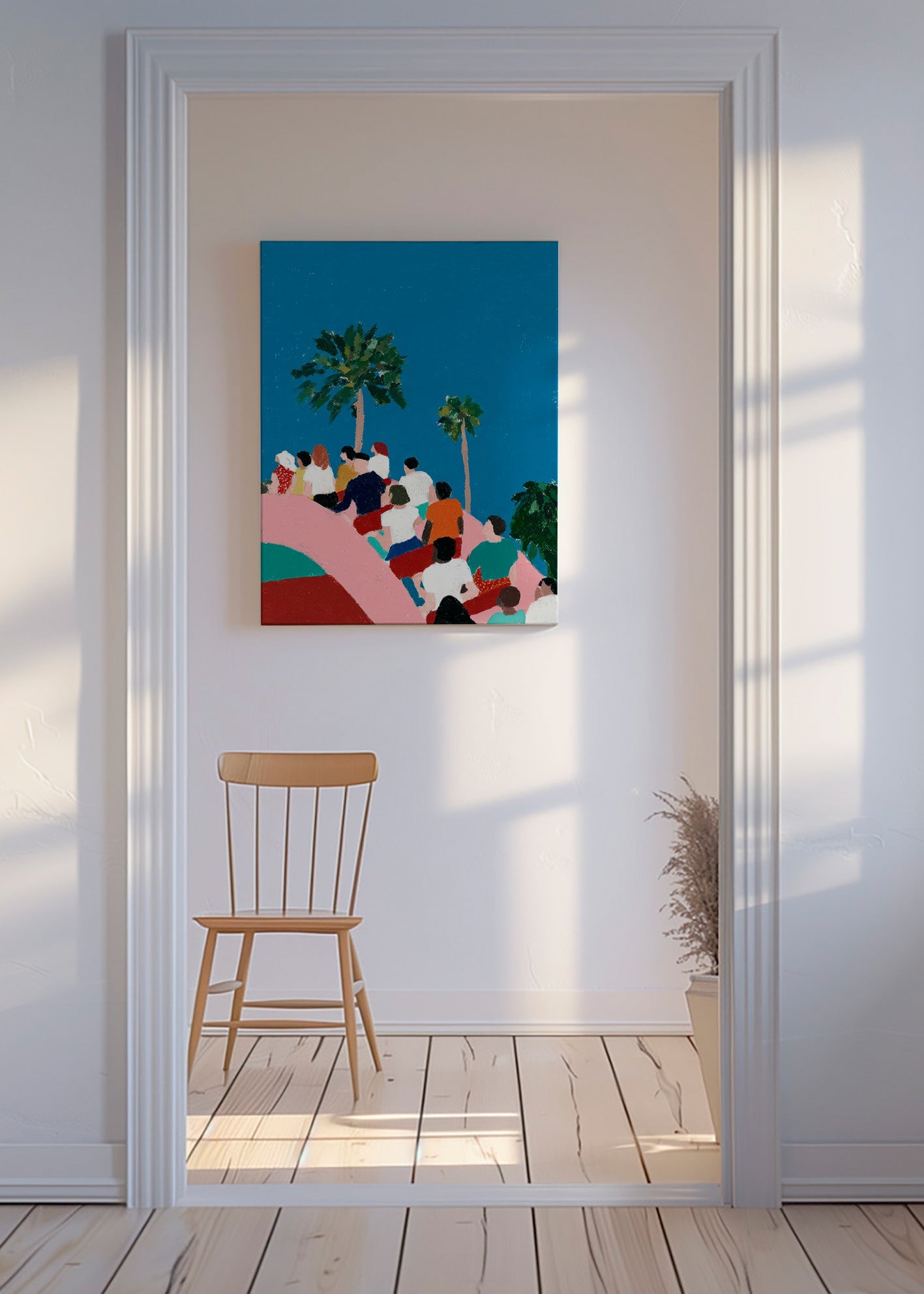 Ilustrace davu na atrakci s palmami