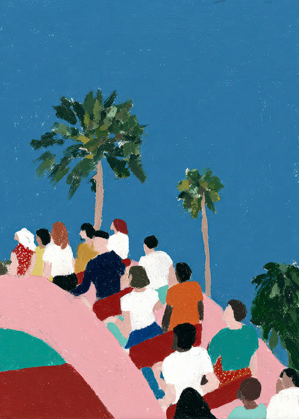Ilustrace davu na atrakci s palmami