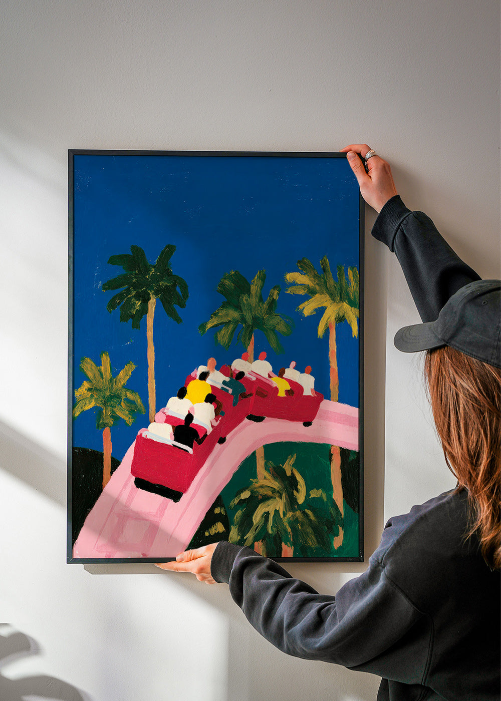 Botanický plakát s palmami a růžovou horskou dráhou