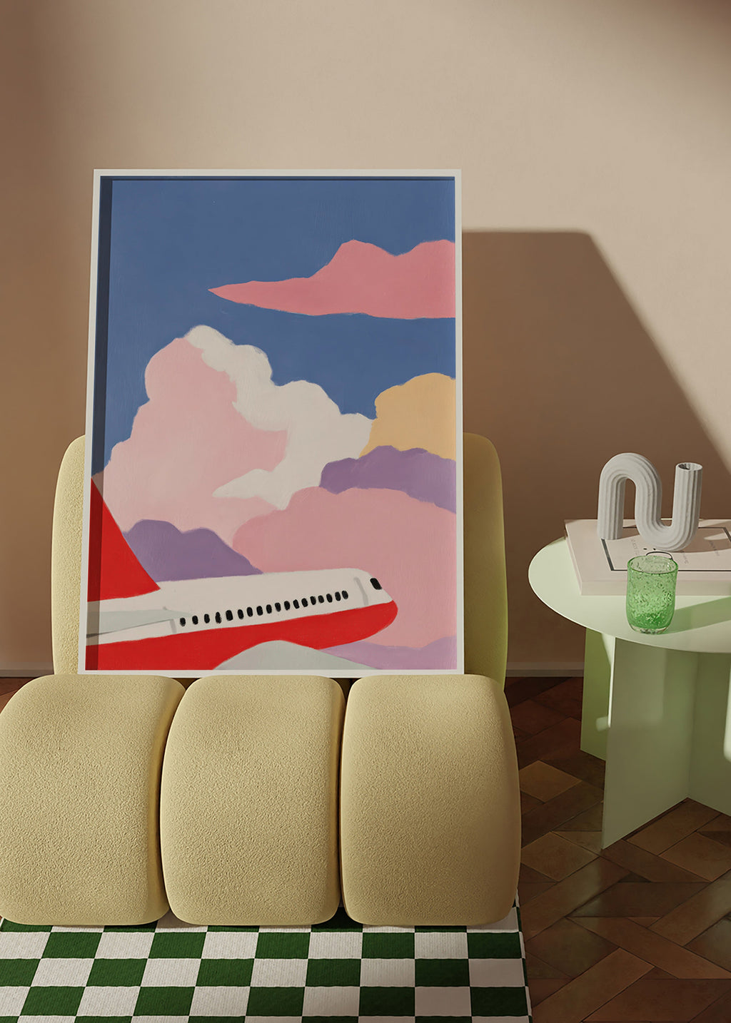 Ilustrace letadla nad růžovými mraky