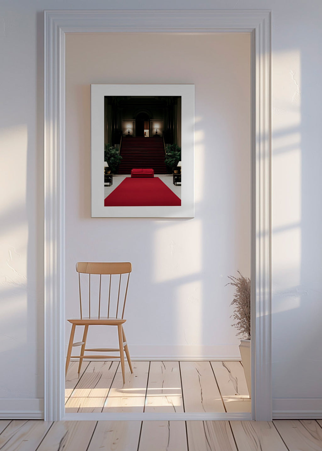 Fotografie schodiště s červeným kobercem