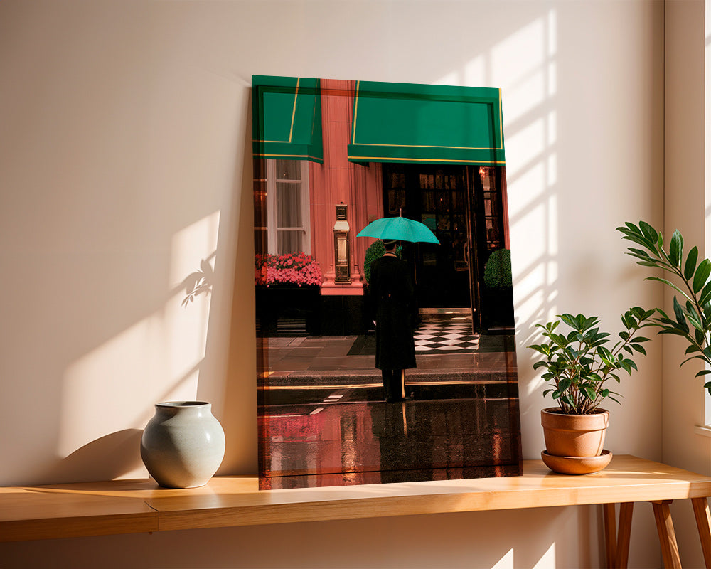 Městská fotografie: postava s deštníkem a odrazy