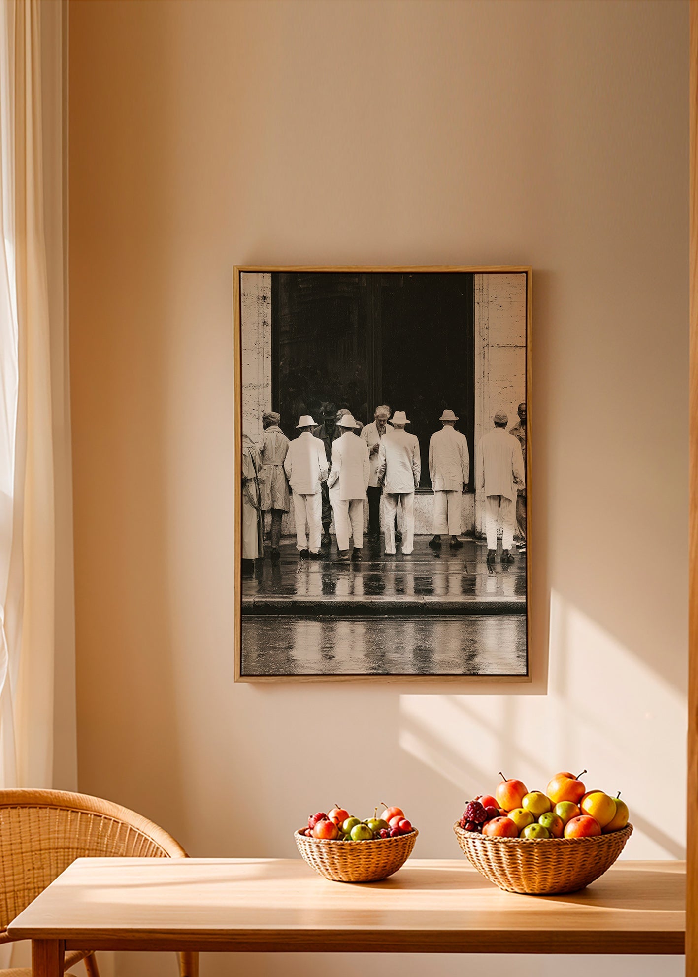 Černobílá fotografie mužů zezadu v dešti
