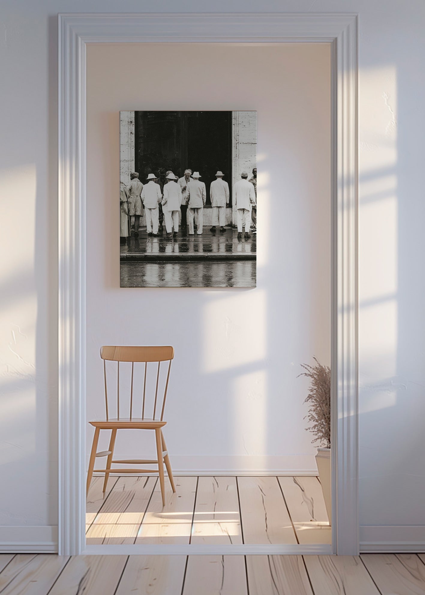 Černobílá fotografie mužů zezadu v dešti
