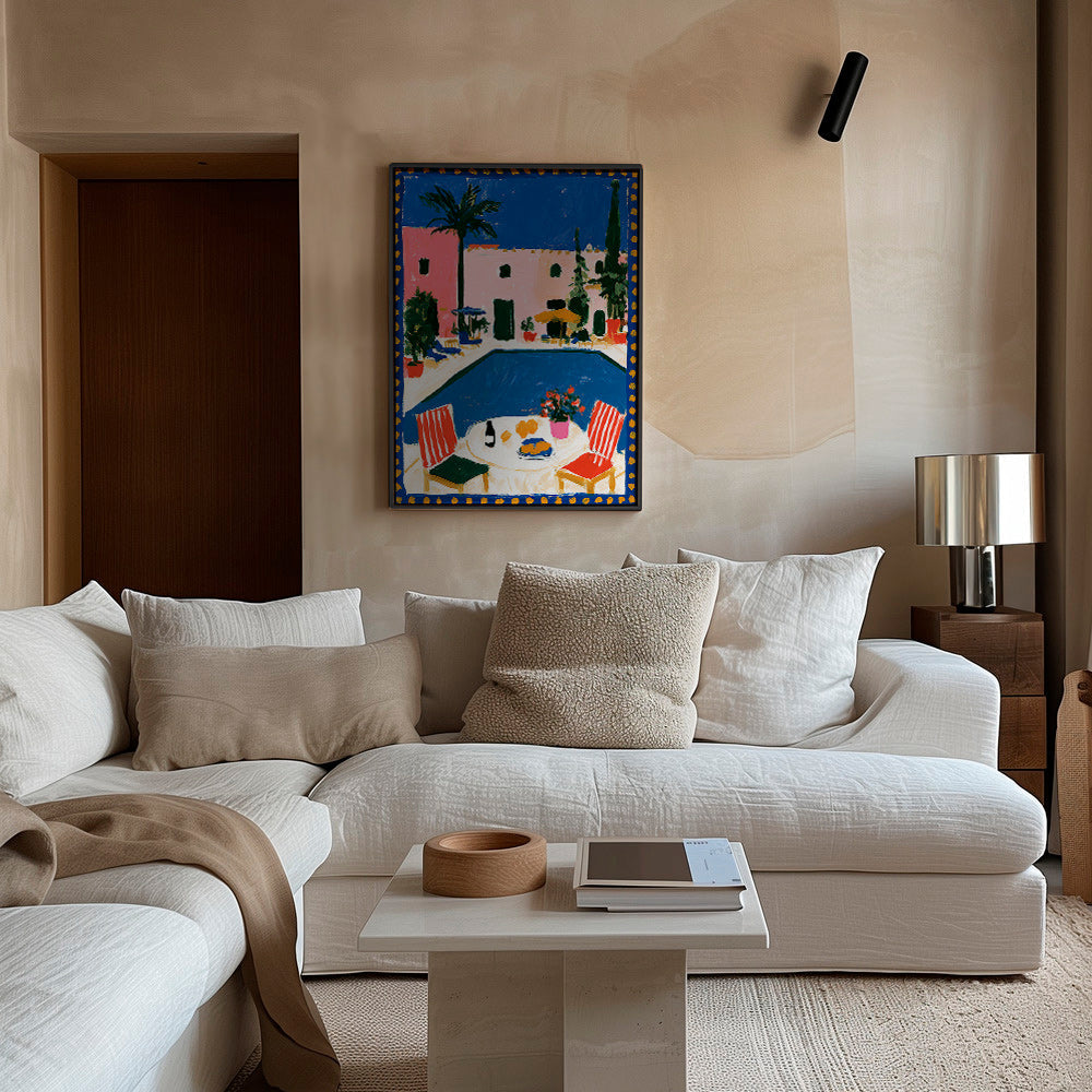 Cestovatelský plakát: růžová vila s bazénem